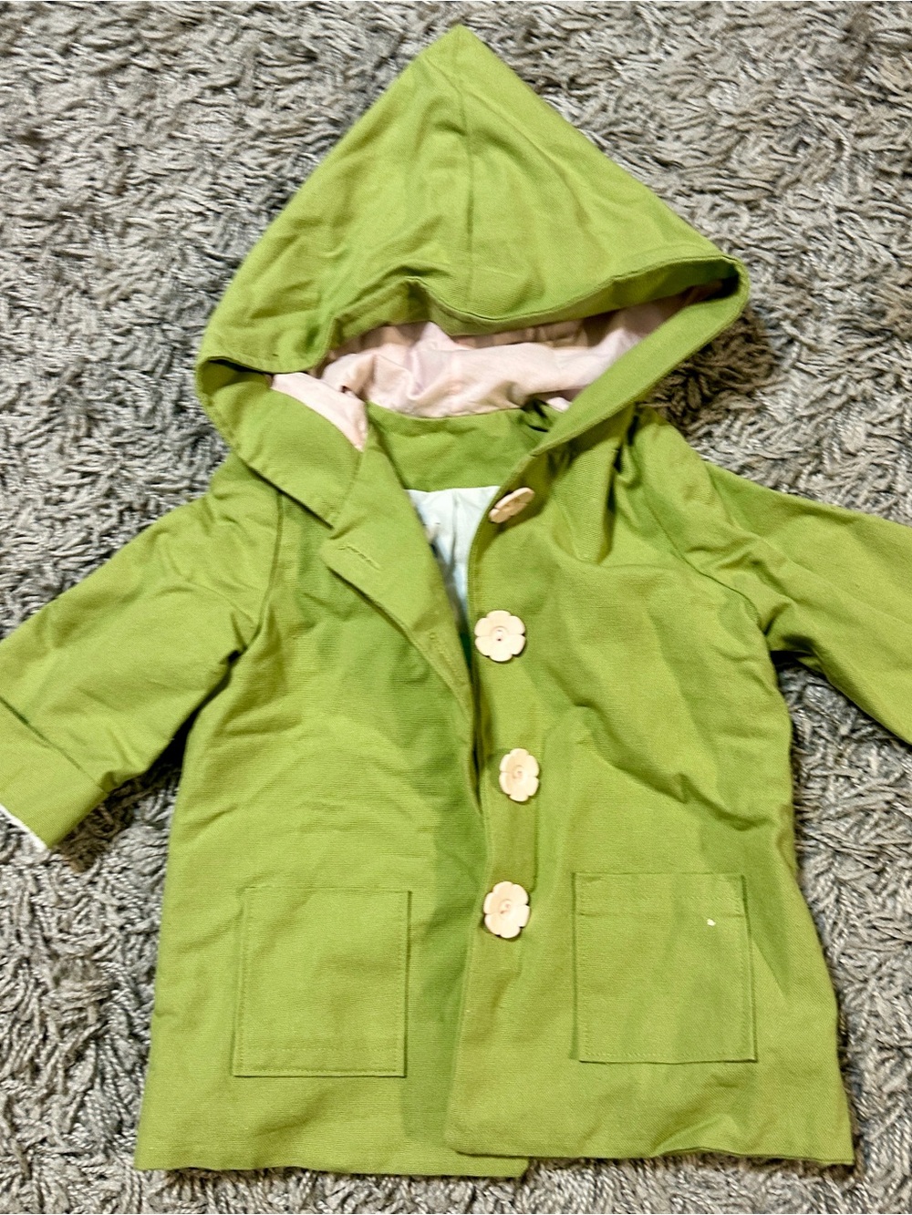 Source Unknown Green Hooded Kids Raincoat with Pink Lining